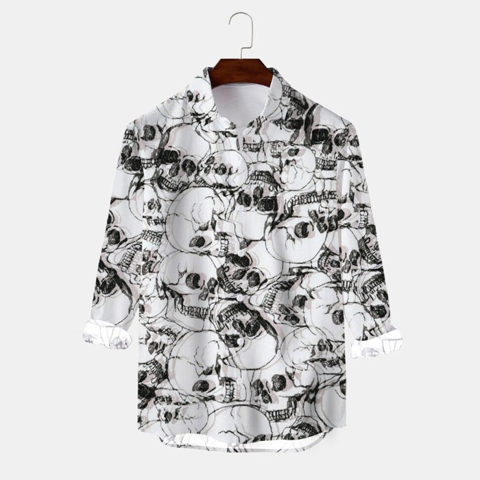 Fashion Skull Print Men's Lapel Collar Button Retro Casual Shirt