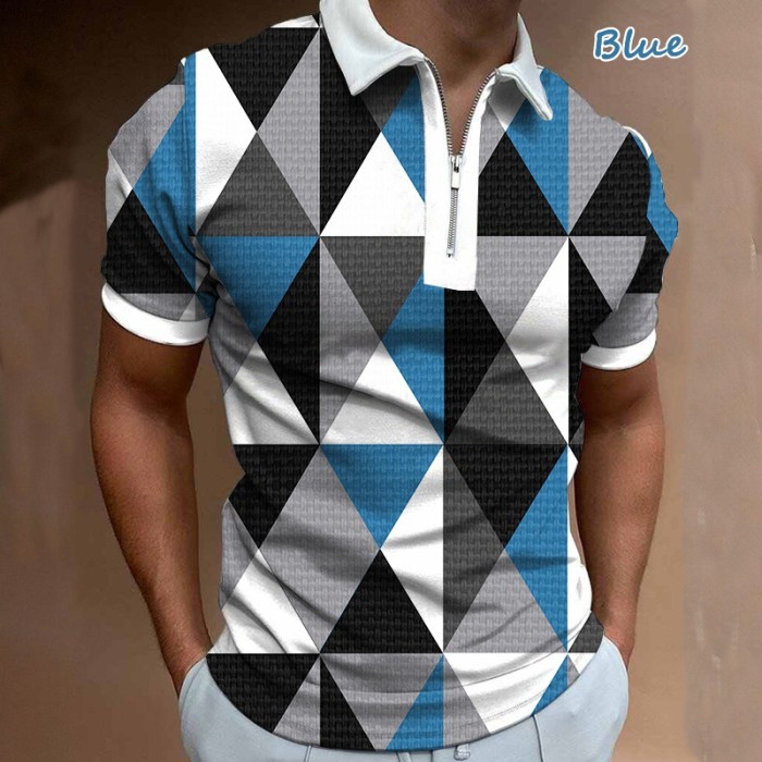 Men's Casual 3D Printing Lapel Short Sleeve Zipper Polo T-Shirt Top