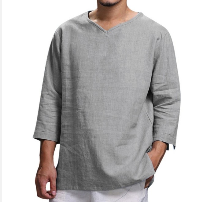 Men's V Neck Cotton Linen Breathable Solid Color Long Sleeve Casual T-Shirt
