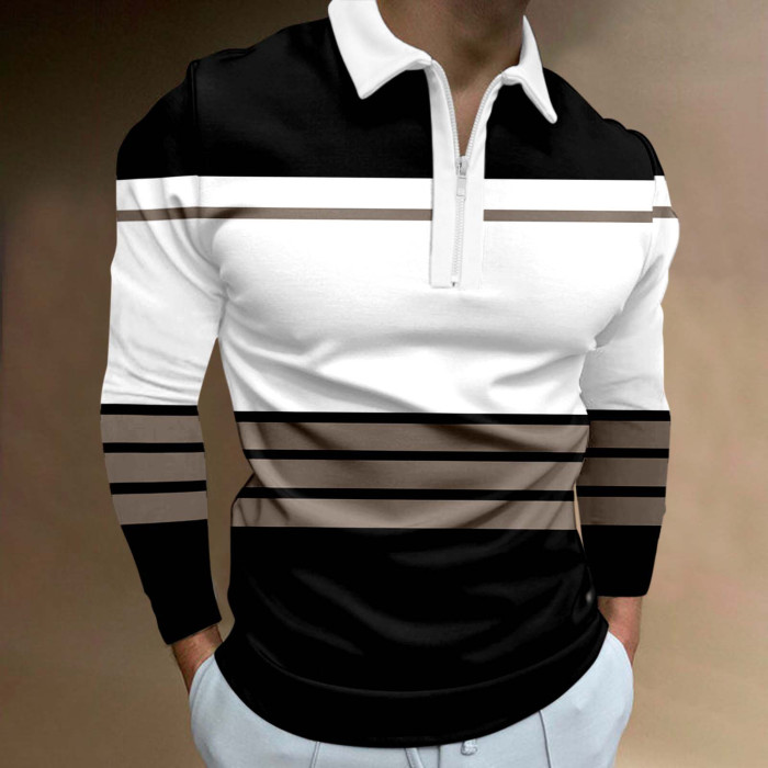 Men's Fashion Casual Long Sleeve Polo Stripe Tee Tops