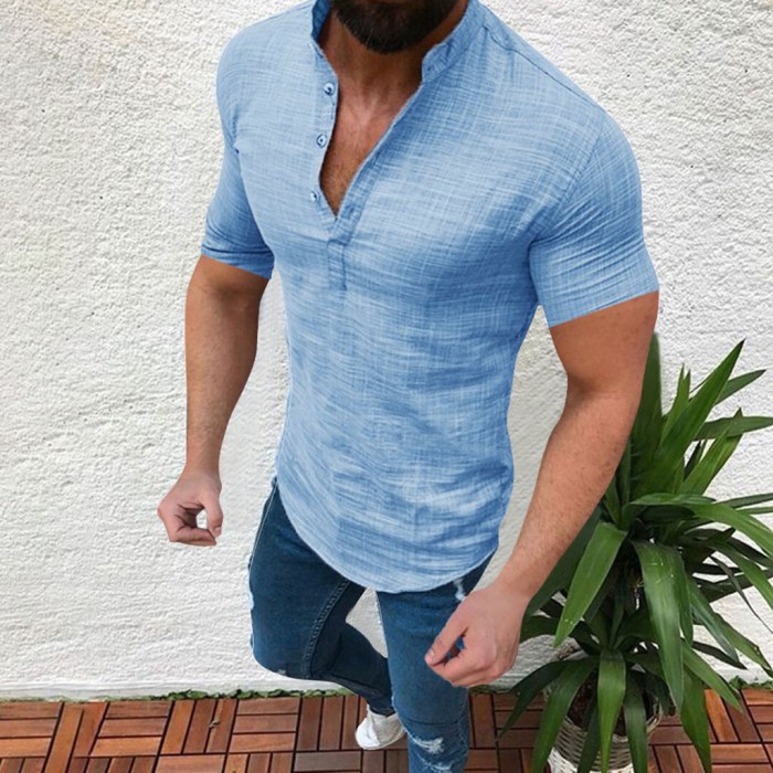 Men's Linen Short Sleeve Breathable Loose Casual Slim Solid Color Shirt