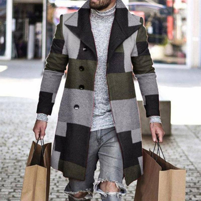 Men's Vintage Pattern Print Stand Collar Button Long Sleeve Fashion Coat