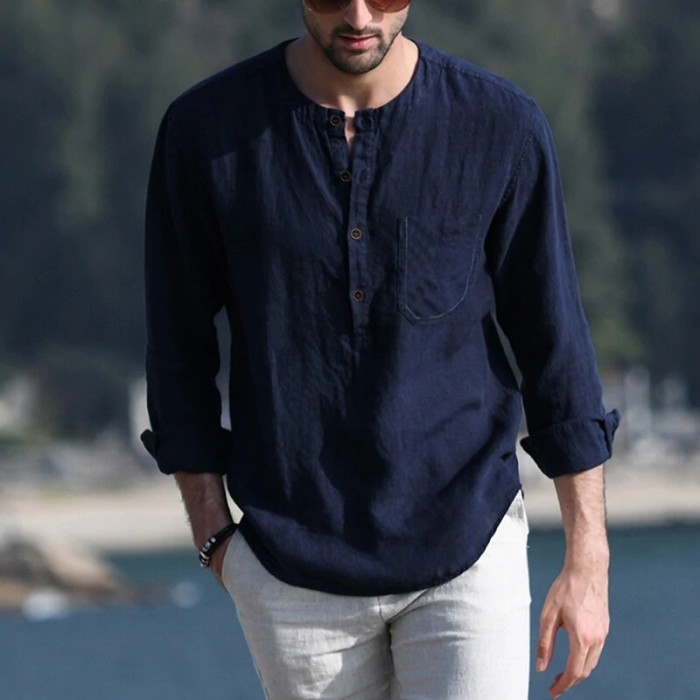 Cotton Linen Men's Shirts Henley Collar Long Sleeve Pocket Button Pullover Top