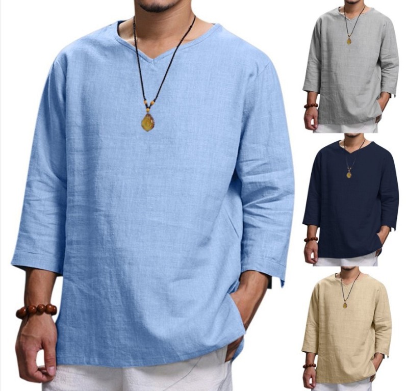 Men's V Neck Cotton Linen Breathable Solid Color Long Sleeve Casual T-Shirt