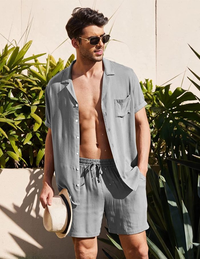 Cotton Linen Shirt Men's Casual Comfortable Breathable Beach Outdoor Two-piece Set