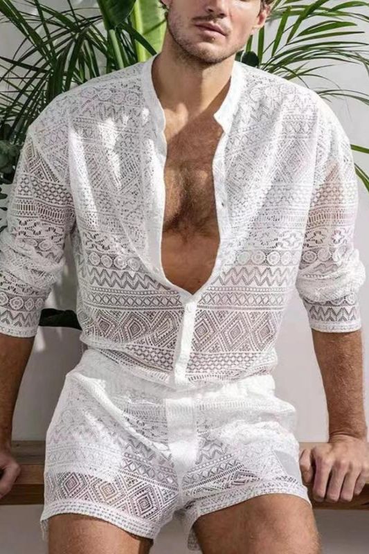 Men's Sexy See-Through Lace Beach Fashion Plain Printed Long Sleeves   Two Piece Set