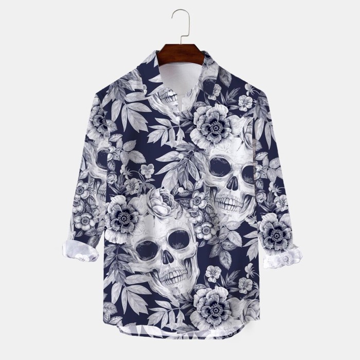 Fashion Skull Print Men's Lapel Collar Button Retro Casual Shirt
