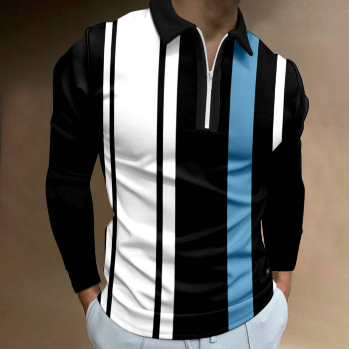 Men's Fashion Casual Long Sleeve Polo Stripe Tee Tops