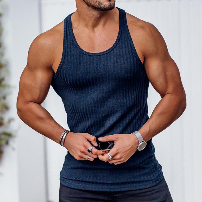 Casual Solid Color Woven Men's Fashion Slim Round Neck Sleeveless Vest