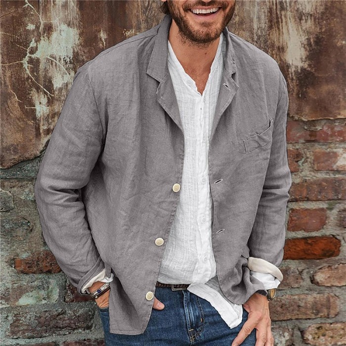 Men's Cotton Linen Casual Solid Color Thin Long Sleeve Lapel Jacket