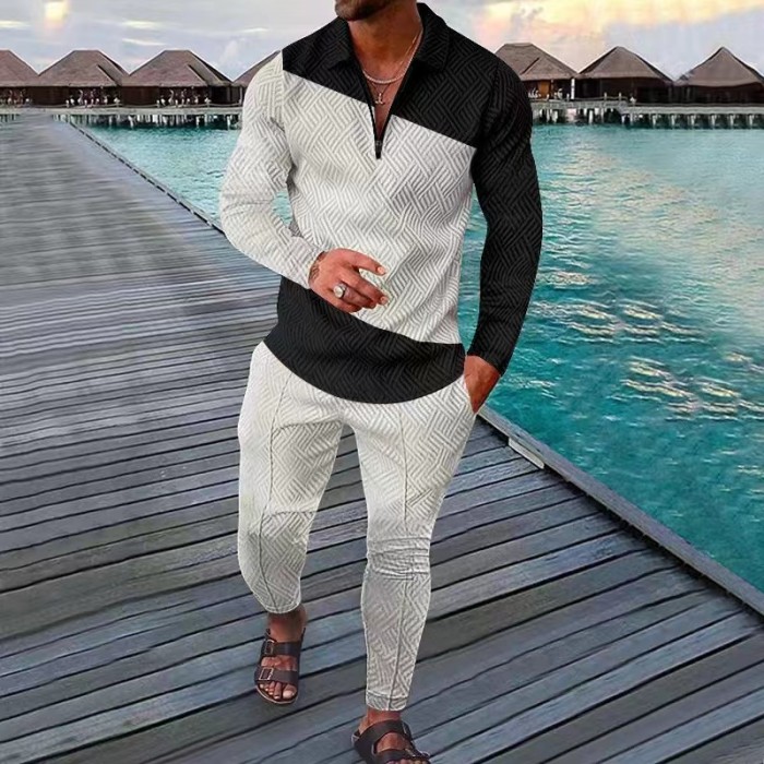 Men Fashion Polo Shirt Long Sleeve V Neck Lapel Print Street Fashion Suit