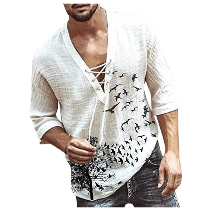Men's Hollow Linen Sexy Deep V Neck Casual Solid Color Blouse & Shirts