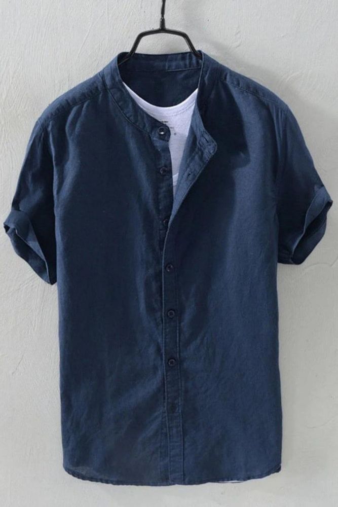 Men's Loose Cotton Linen Pocket Solid Color Short Sleeve Vintage  Blouse & Shirts Top