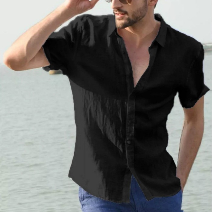 Men's Linen Short Sleeve Solid Casual Top Shirt