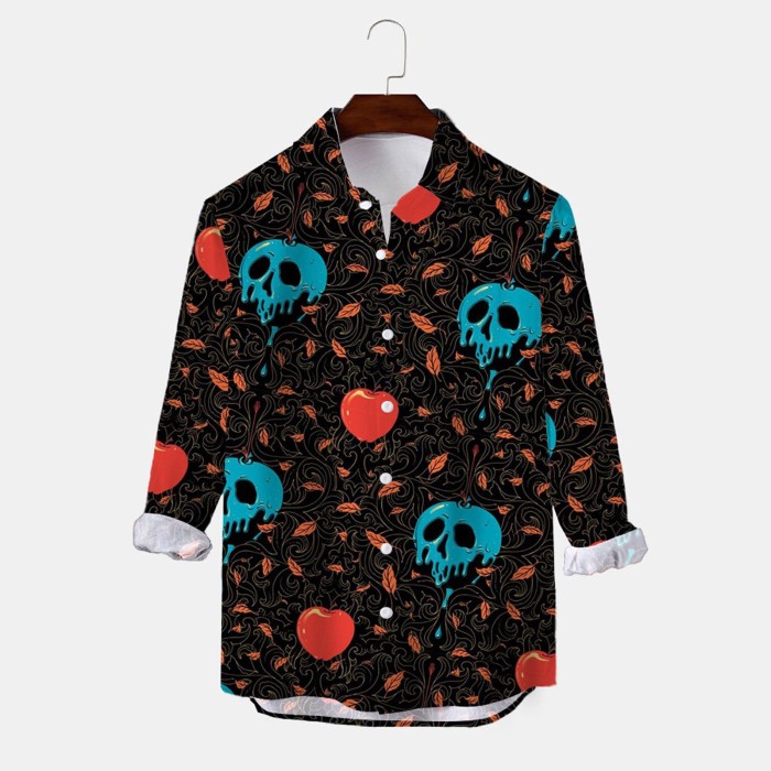 Fashion Skull Print Men's Lapel Collar Button Retro Casual Shirt