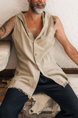 Men's Fashion Cotton Linen Vest Harajuku Retro Loose V Neck Sleeveless Shirt