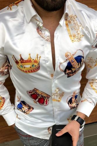 Fashion Men's Casual Floral Print Long Sleeve Lapel Silk Shirt
