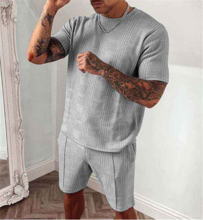 Men's Fashion Casual Sports Solid Color Plaid Short Sleeve Shorts Set