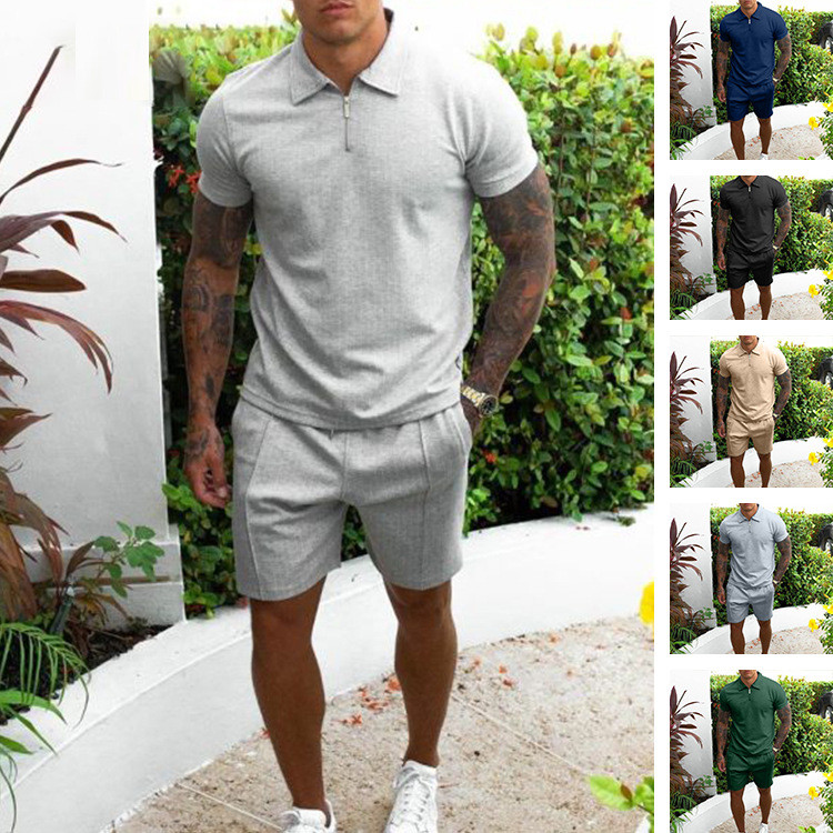 Fashionable Men's Casual Polo Shirt + Cropped Fitness Jogging Breathable Set