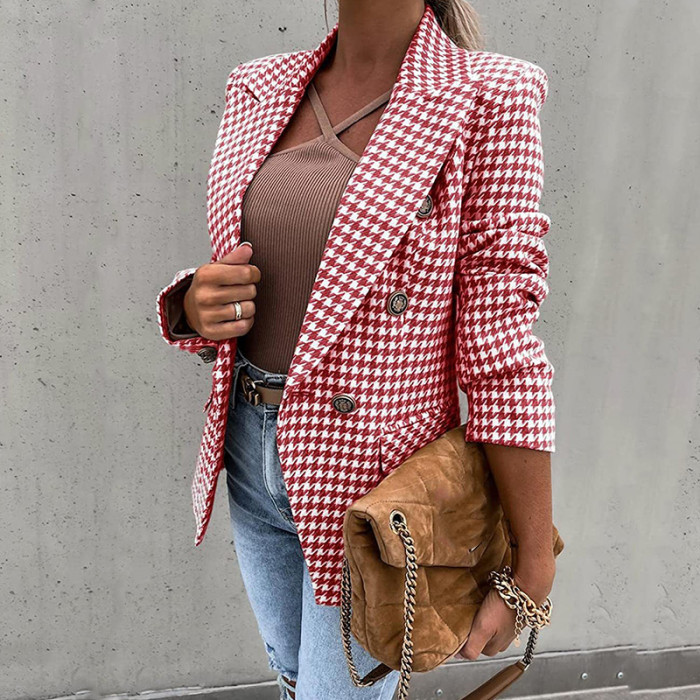 Women Single Breasted Long Sleeve V Neck Elegant Print Slim Blazer