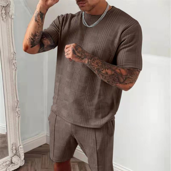 Men's Fashion Casual Sports Solid Color Plaid Short Sleeve Shorts Set