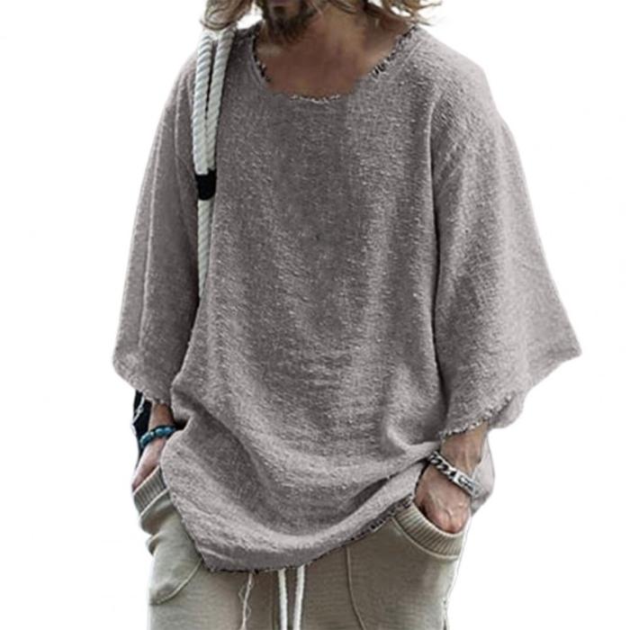 Men's Fashion Solid Color Loose Street Long Sleeve Raw Edge T-Shirt Top