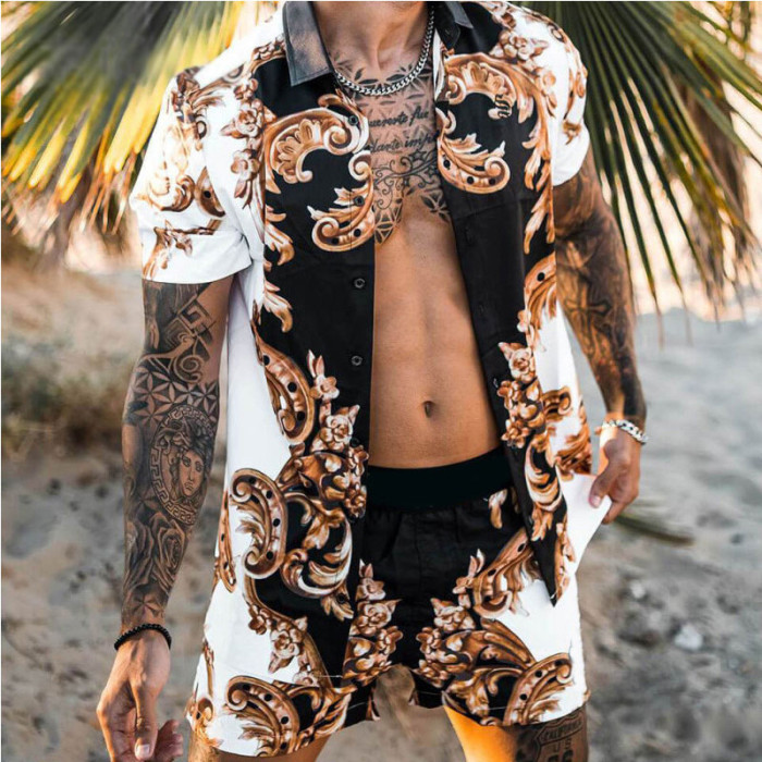 Men's Printed Stitching Lapel Short Sleeve Casual Shirt  Two Piece Set