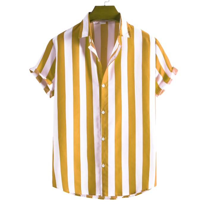 Fashion Men's Short Sleeve Button Striped Print Loose Casual Beach Shirt