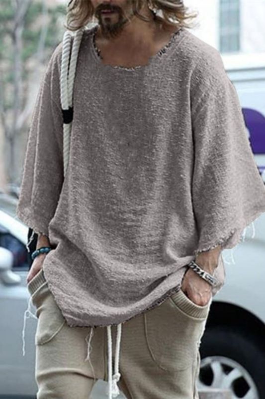 Men's Fashion Solid Color Loose Street Long Sleeve Raw Edge T-Shirt Top