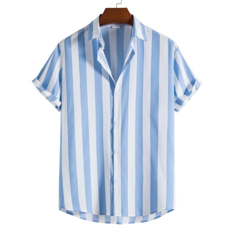 Fashion Men's Short Sleeve Button Striped Print Loose Casual Beach Shirt