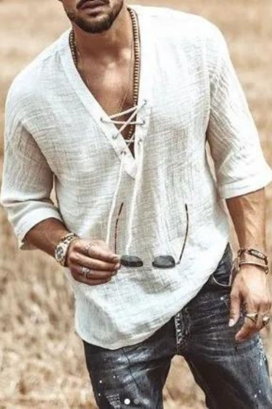 Men's Fashion Casual Long Sleeve V Neck Beach Loose T-Shirt Top