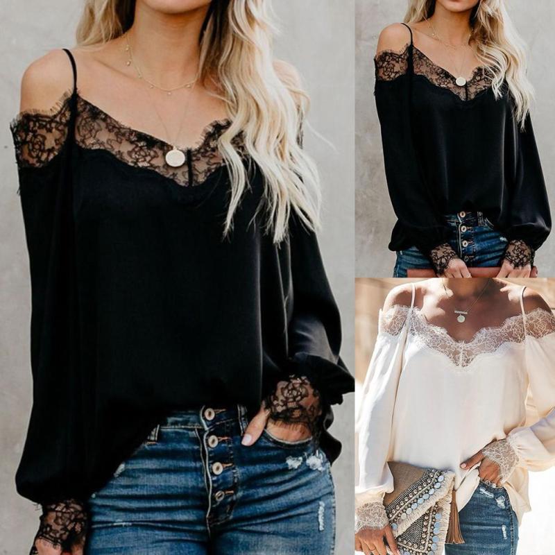 Sexy V Neck Long Sleeve Lace Solid Color Stitching Strapless Loose Blouse