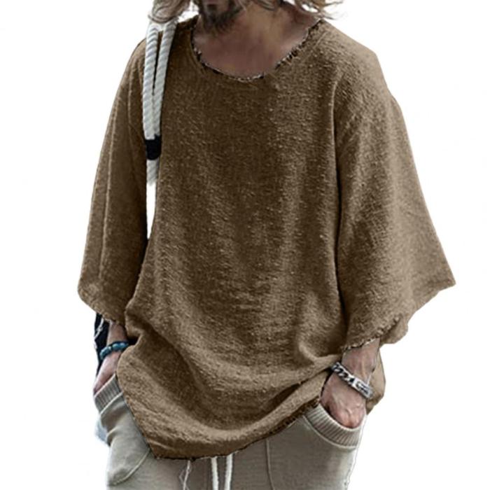 Men's Fashion Solid Color Loose Street Long Sleeve Raw Edge T-Shirt Top