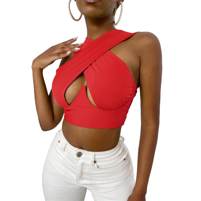 Fashion Women Solid Color Sexy Slim Sleeveless Hollow Crossover  Camisole Top