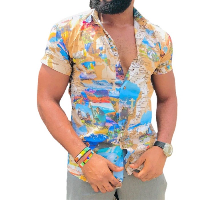 Men's Fashion Short Sleeve Cardigan Casual Lapel Printed Shirt