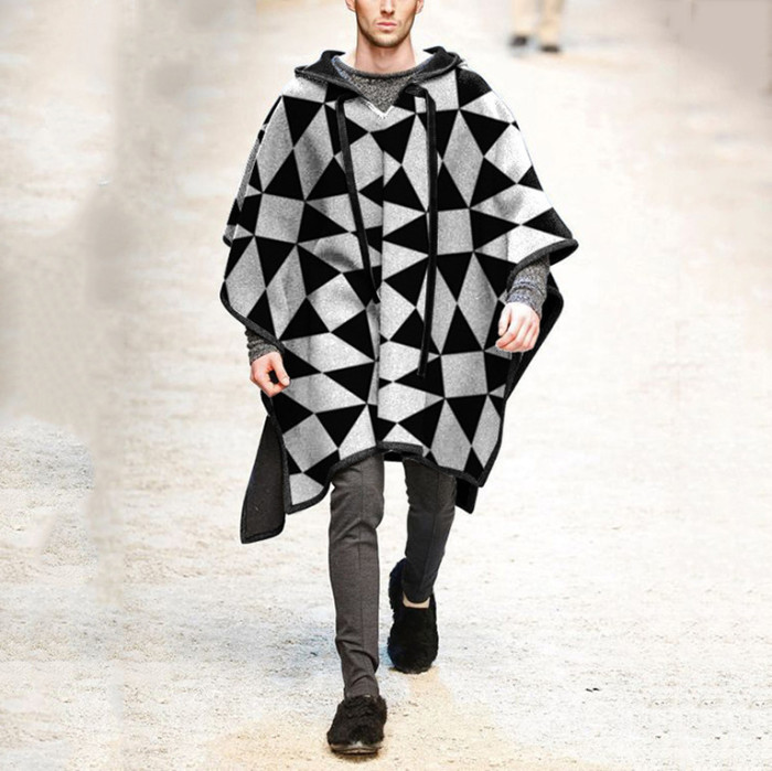 Fashion Men Hooded Solid Color Streetwear Irregular Cloak Coats