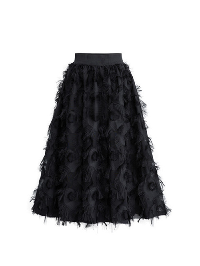Fashion Feather Elastic High Waist A-Line Elegant Midi  Skirt