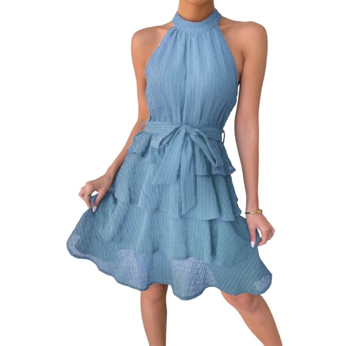 Sexy Halter Neckline Textured Solid Ruffle Layer A-Line Mini Dress