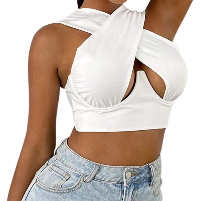 Fashion Women Solid Color Sexy Slim Sleeveless Hollow Crossover  Camisole Top
