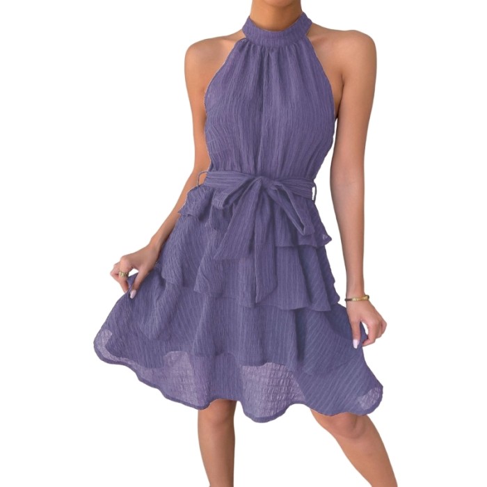 Sexy Halter Neckline Textured Solid Ruffle Layer A-Line Mini Dress