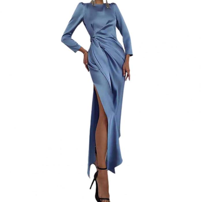 Long Sleeve Slit Hem Skinny O Neck Solid Color Party  Maxi Dress