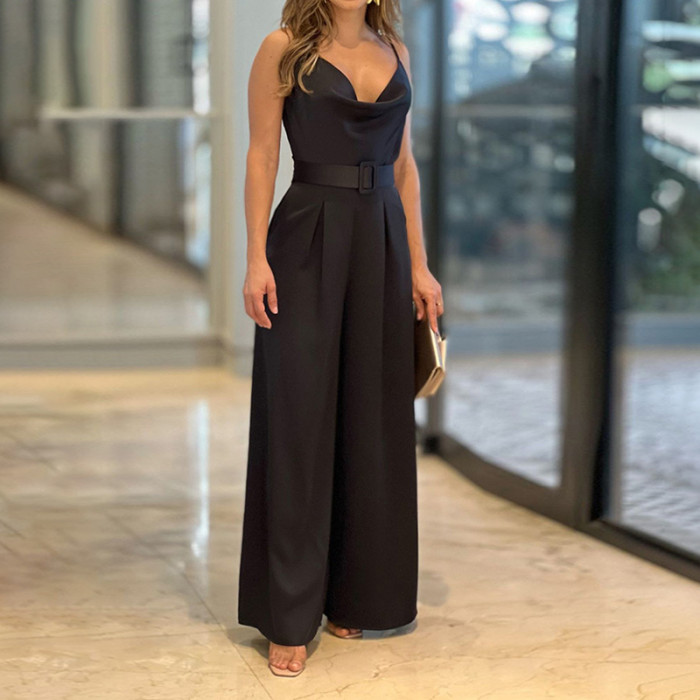 Fashion Solid Color Loose Sleeveless Backless Wide Leg Sexy Jumpsuit
