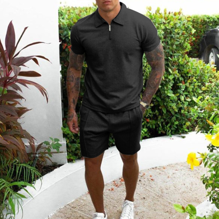 Fashionable Men's Casual Polo Shirt + Cropped Fitness Jogging Breathable Set