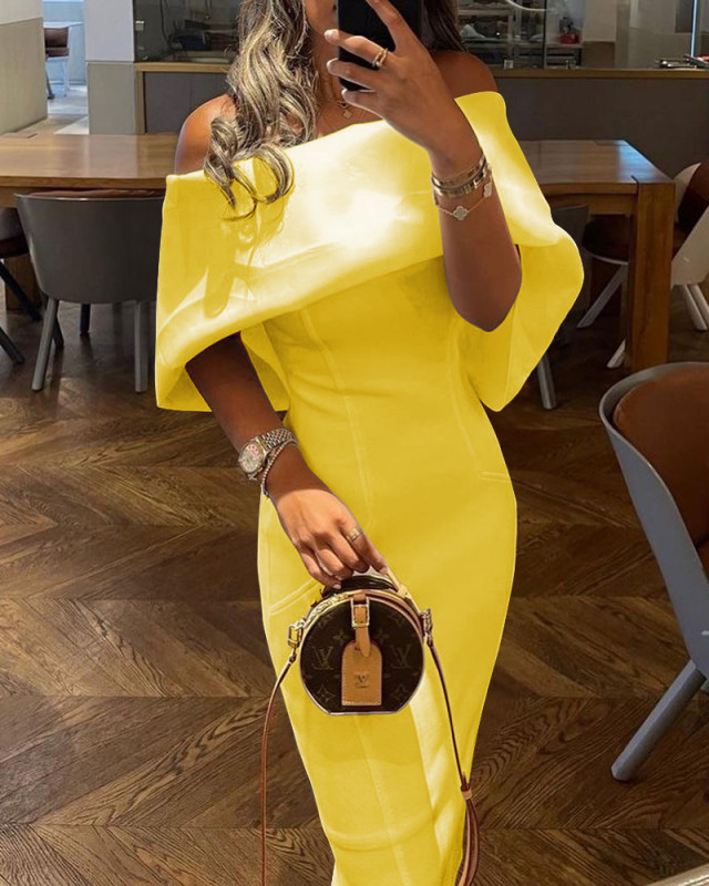 Fashion Casual Off Shoulder Button Up Solid Color Sexy Elegant Bodycon Dress