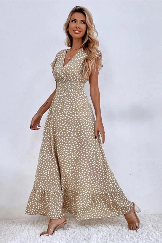 Fashion Print Polka Dot Beach Resort Dress Sexy V Neck  Maxi Dress