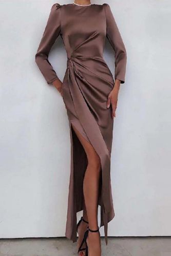Long Sleeve Slit Hem Skinny O Neck Solid Color Party  Maxi Dress