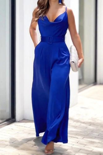 Fashion Solid Color Loose Sleeveless Backless Wide Leg Sexy Jumpsuit