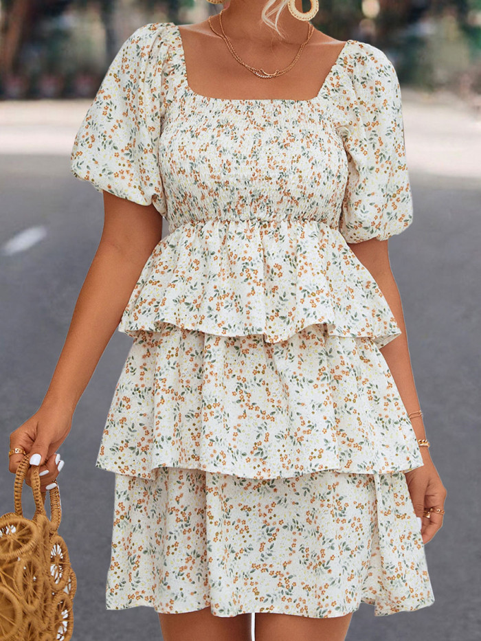 Bohemian Floral Print Short Sleeve Mini Dress