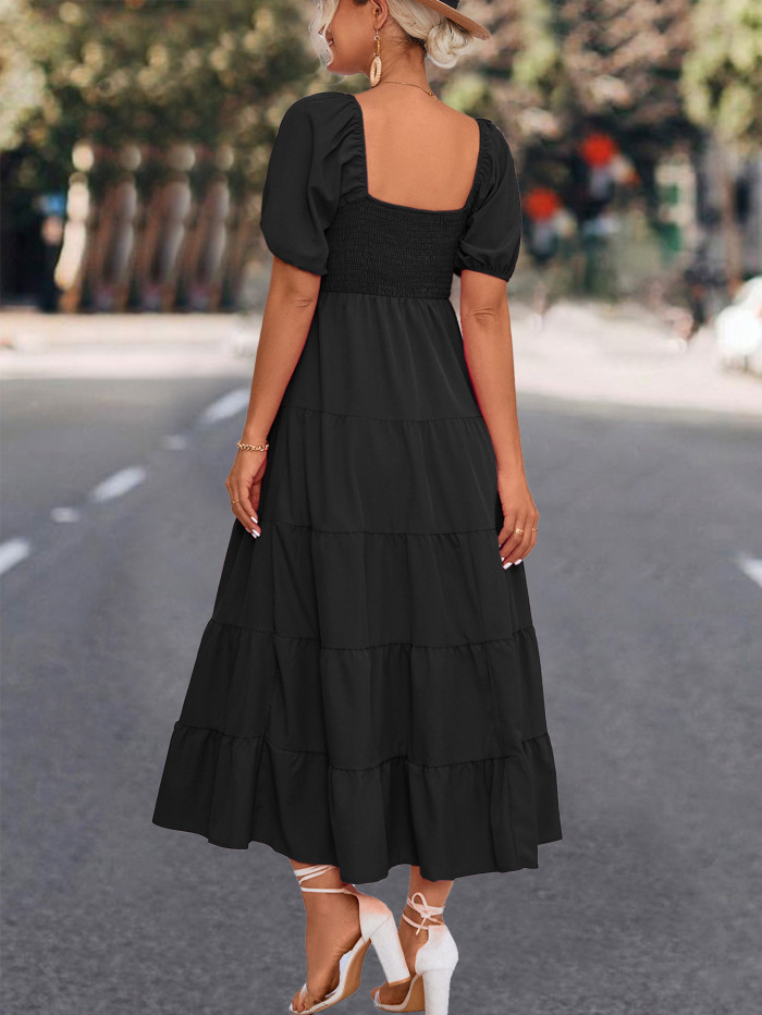 Elegant Fashion Square Neck Short Puff Sleeve Casual Maxi Dress