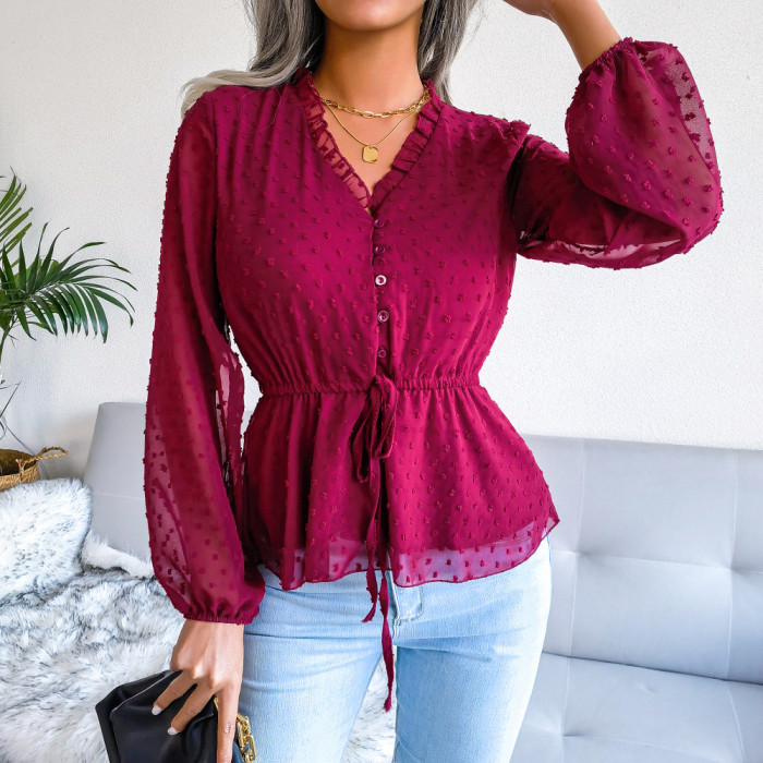 V Neck Balloon Long Sleeve Tops Casual Solid Color Tops Fashion Blouses & Shirts
